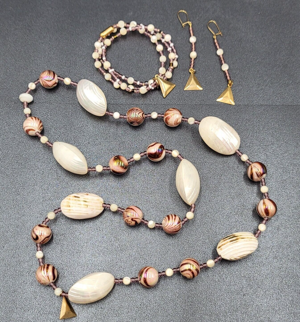 Real Shell Beaded Necklace Bracelet Earrings Set Glass Beads Jewelry Set