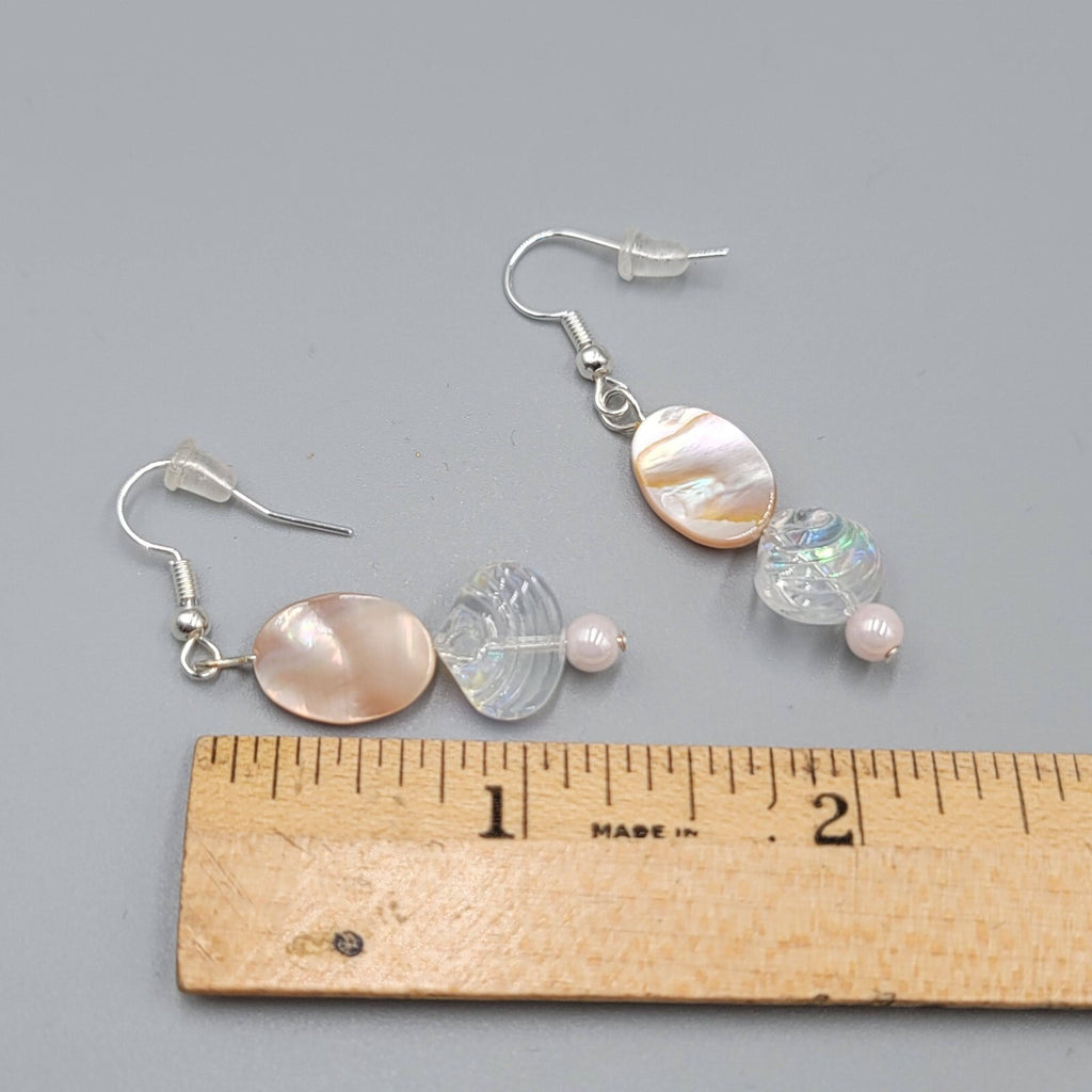 Shell Pierced Earrings Real Shell Glass Bead Dangle Silver tone 1.25"