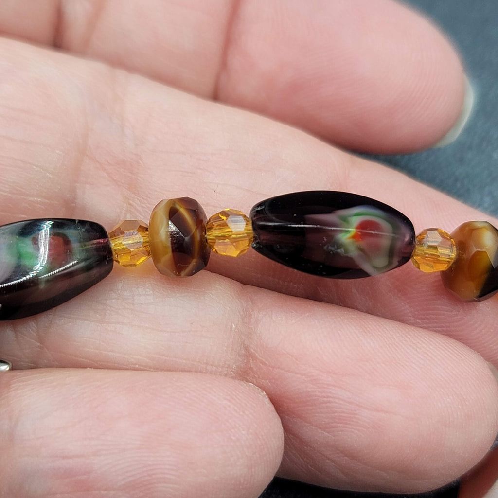 Art glass Bead Bracelet Silver tone Purple Brown Toggle 7"