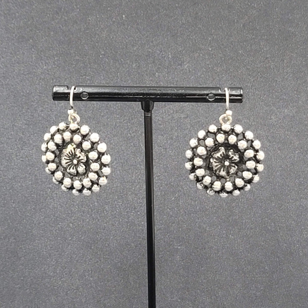Pierced Earrings Silver tone Flower Beaded Round Dangle 1"