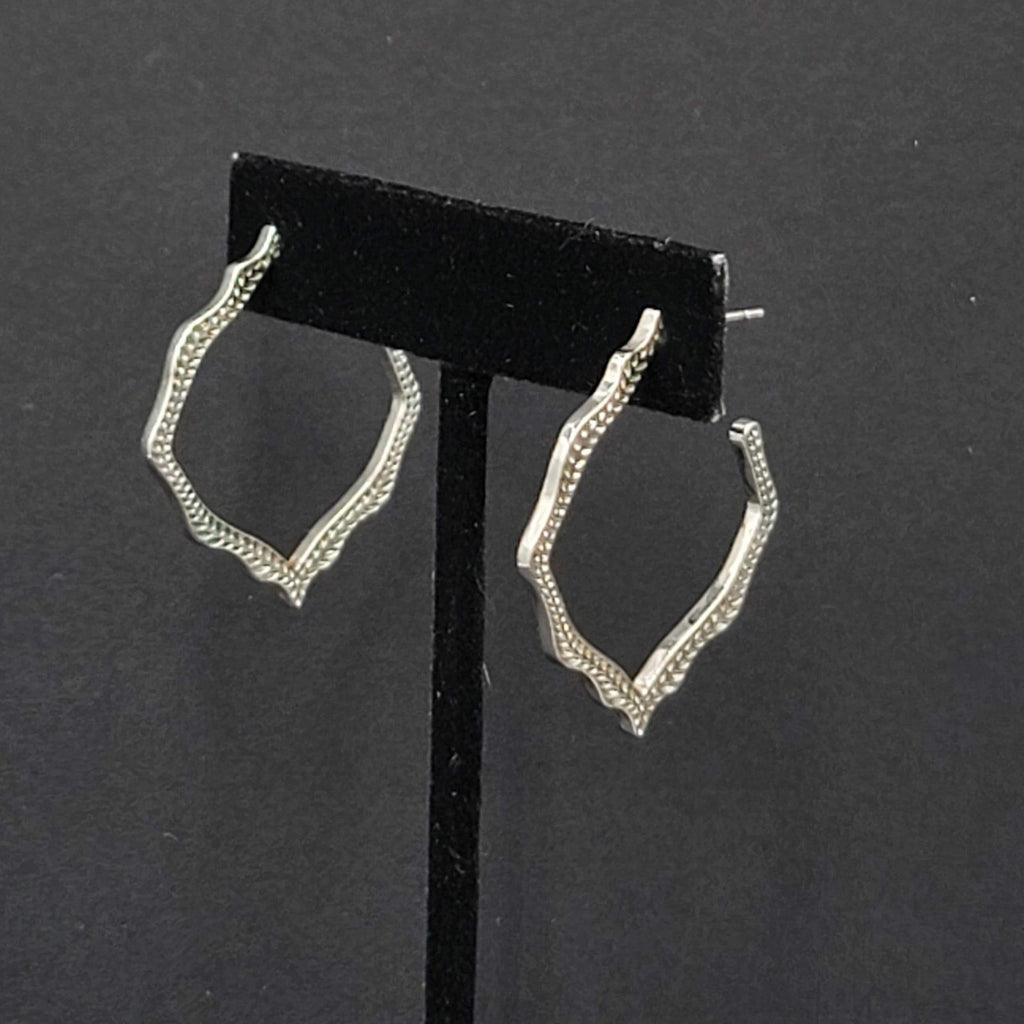 Etched Scalloped Hoops Pierced Earrings Silver tone Drop  1 3/8"