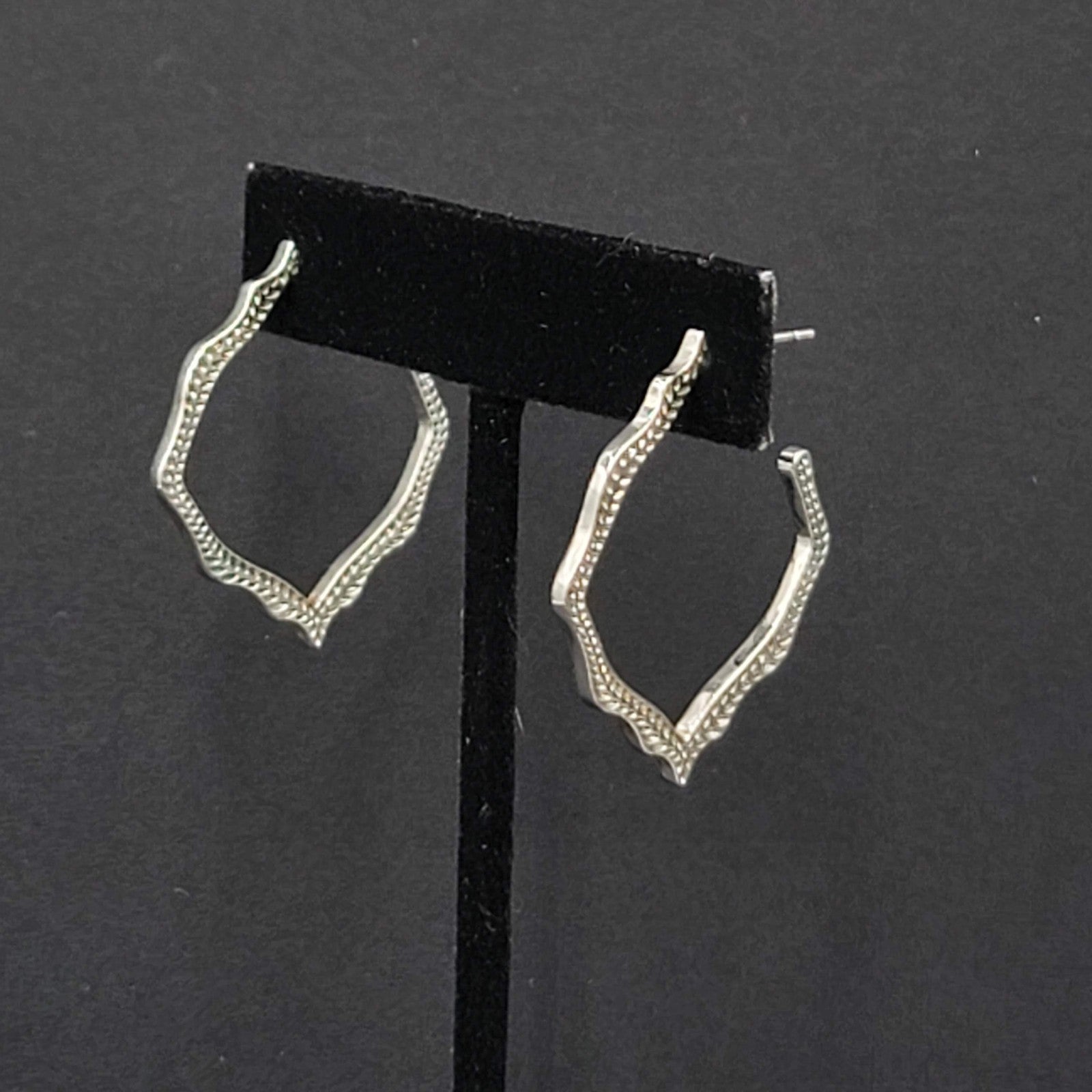 Etched Scalloped Hoops Pierced Earrings Silver tone Drop  1 3/8"