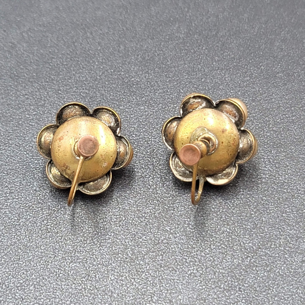 Vintage Clip on Earrings Bronze tone Gold Bead Flower Screw Back Studs 3/4"
