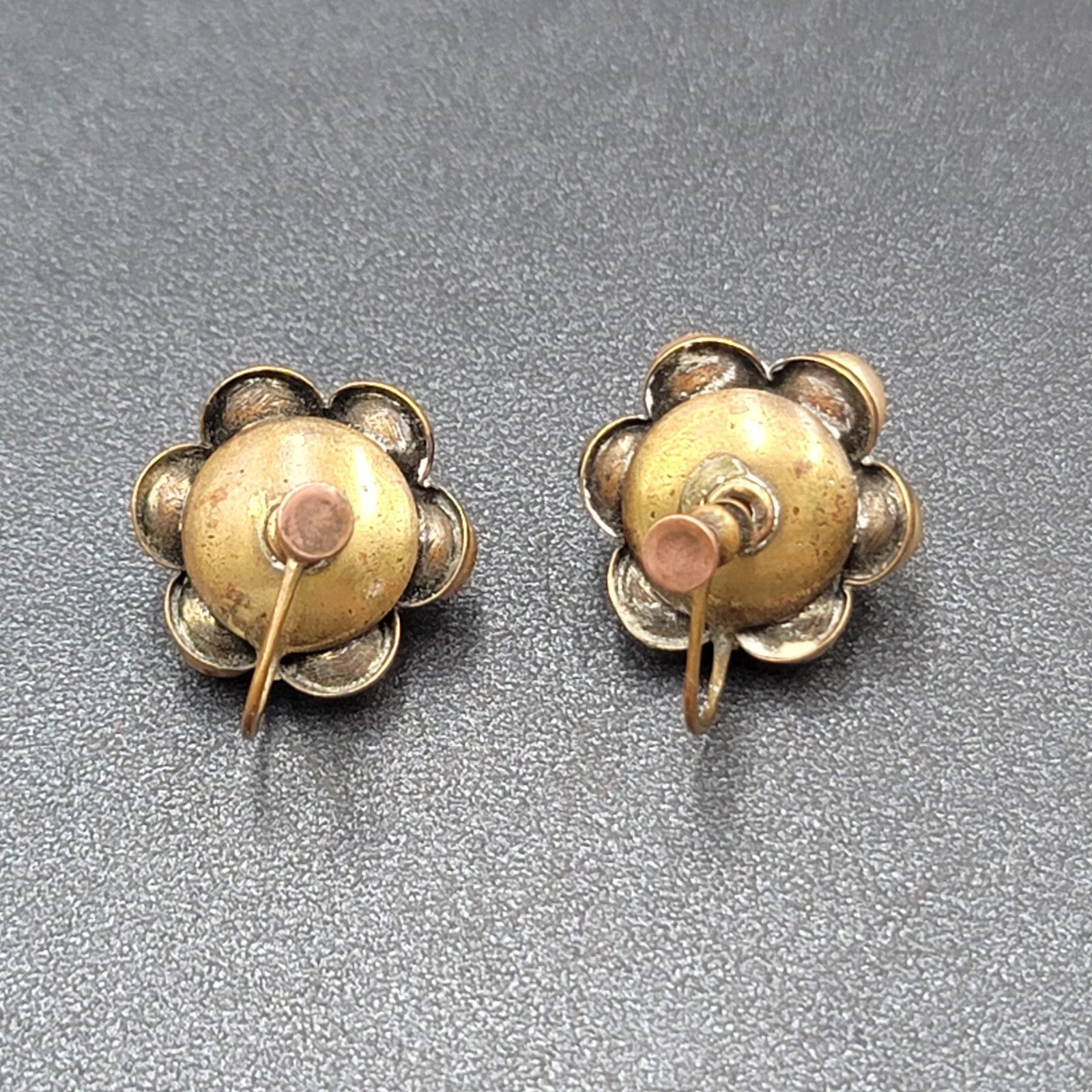 Vintage Clip on Earrings Bronze tone Gold Bead Flower Screw Back Studs 3/4"