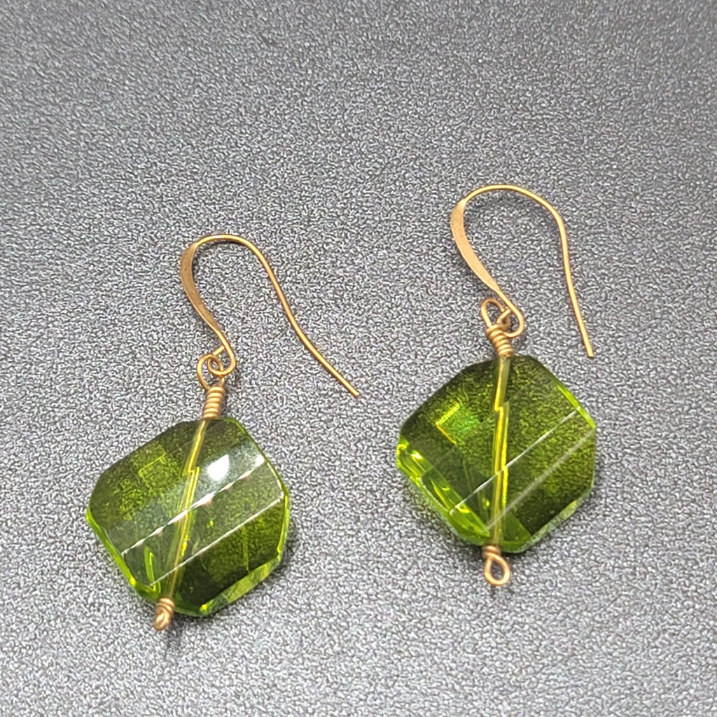Pierced Earrings Copper tone Green Art Glass Faceted Bead 1.25"