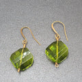 Pierced Earrings Copper tone Green Art Glass Faceted Bead 1.25"