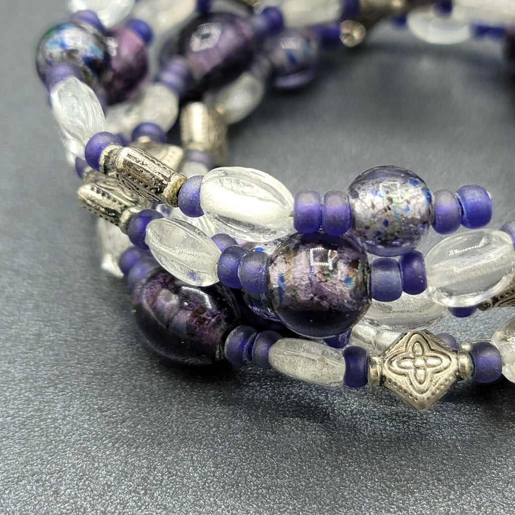 Memory Wire Bracelet Purple Silver tone Clear Glass Beads 