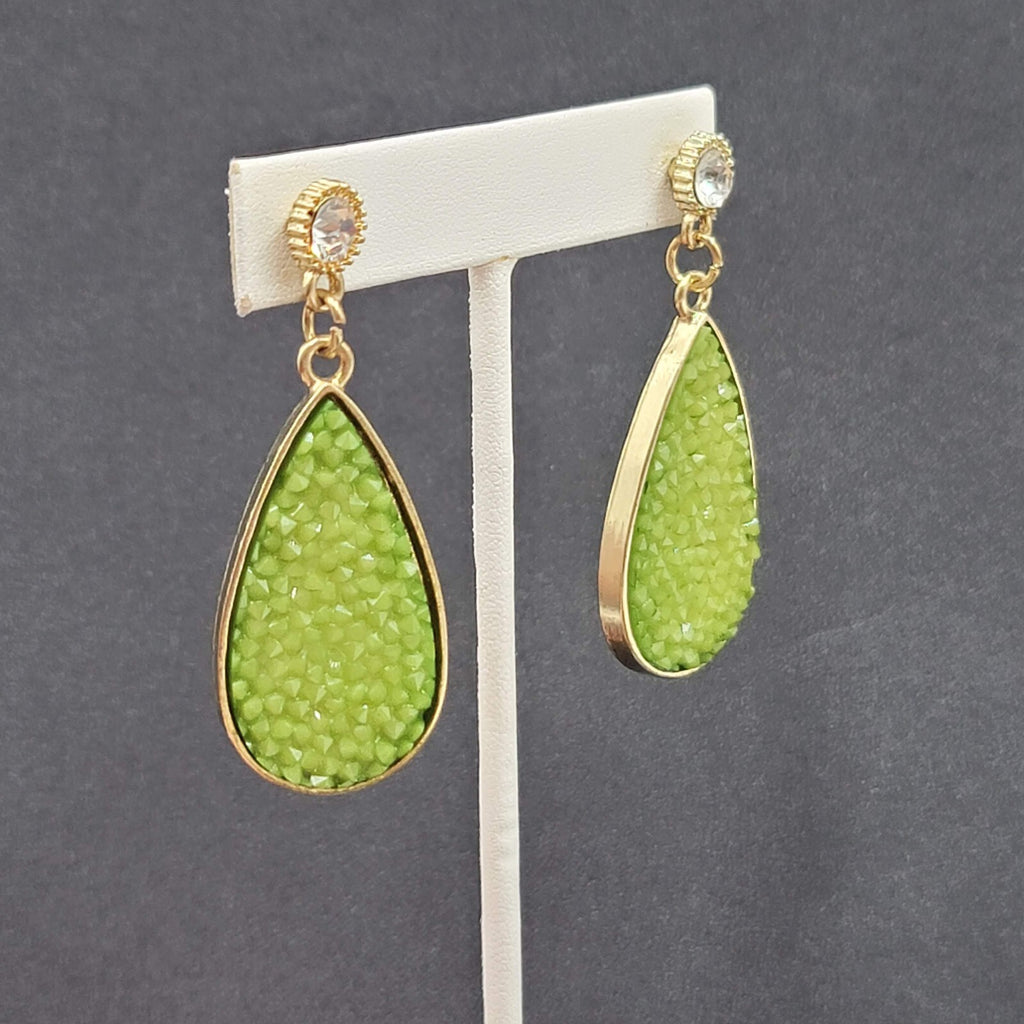 Pierced Earrings Gold tone Green Druzy Style Statement Dangle 2.25"