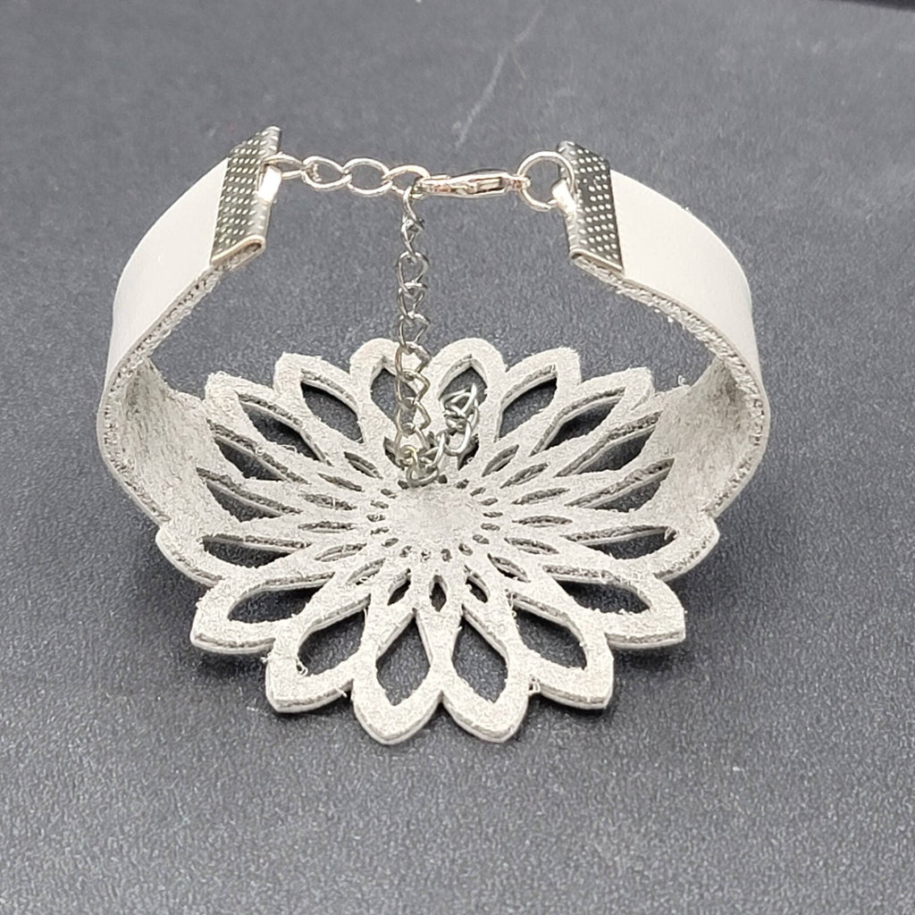 Gray Leather Bracelet Large Cut out Flower 7" + Adj