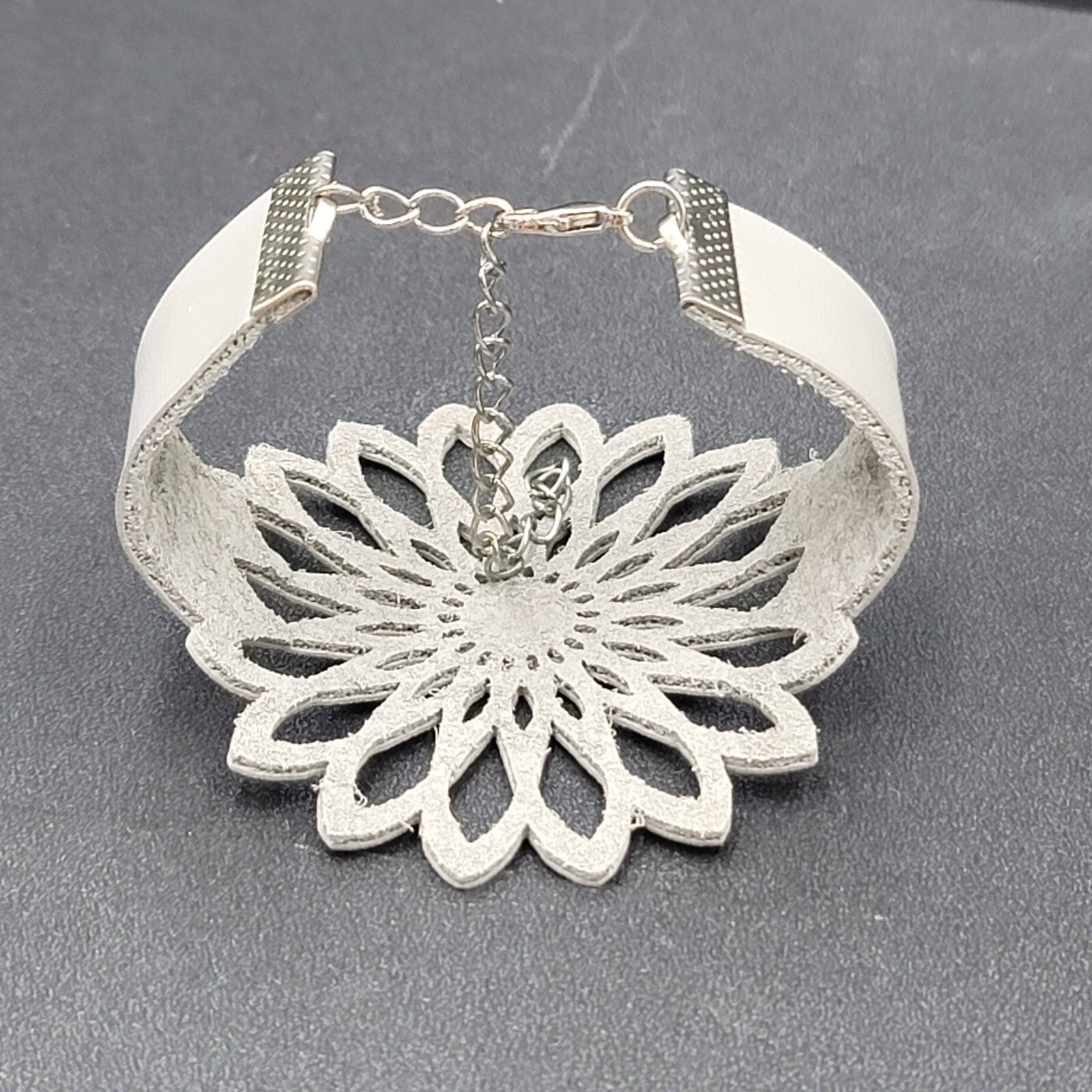 Gray Leather Bracelet Large Cut out Flower 7" + Adj