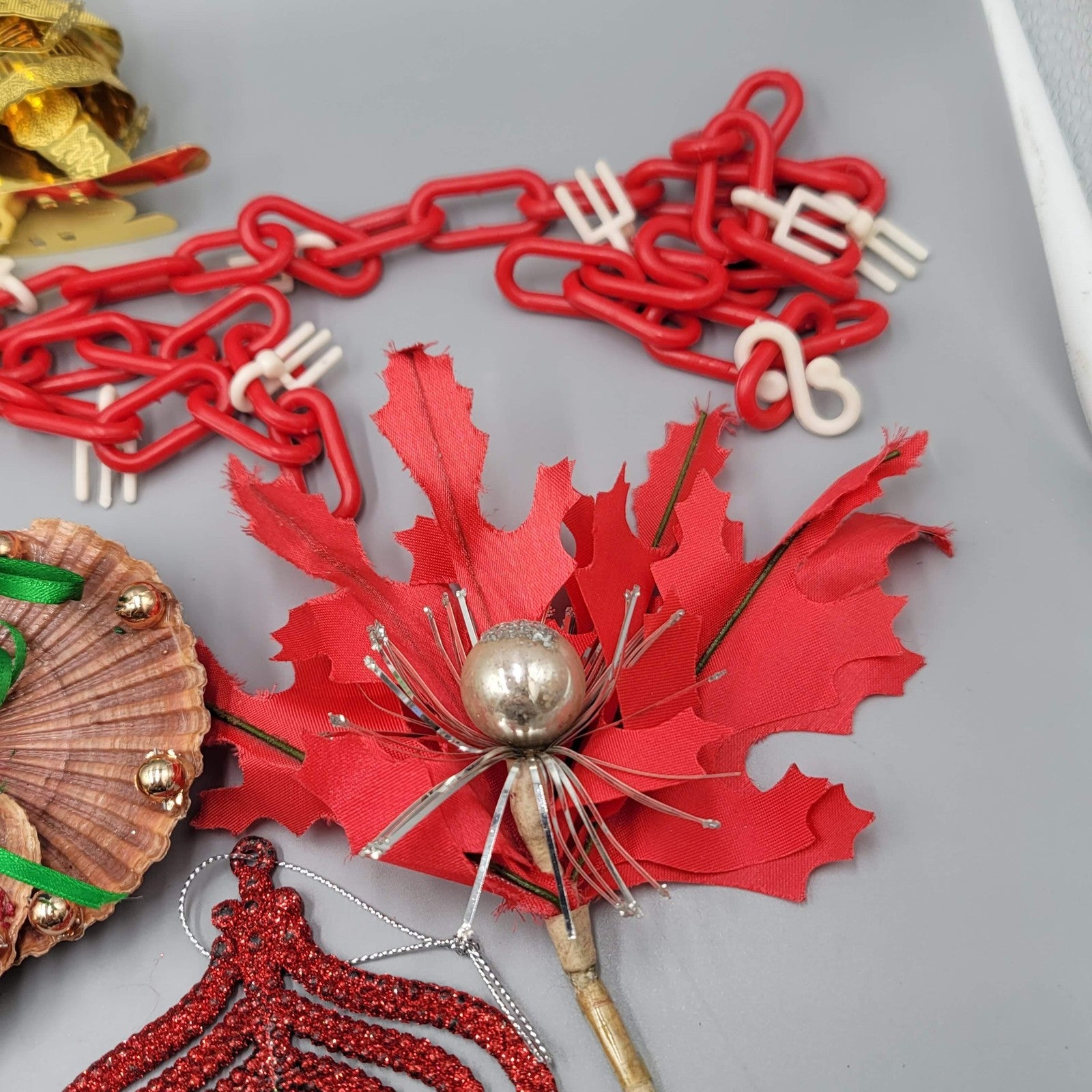 Vintage Christmas Ornaments Lot Red Plastic Chain Snowman Shell Angel