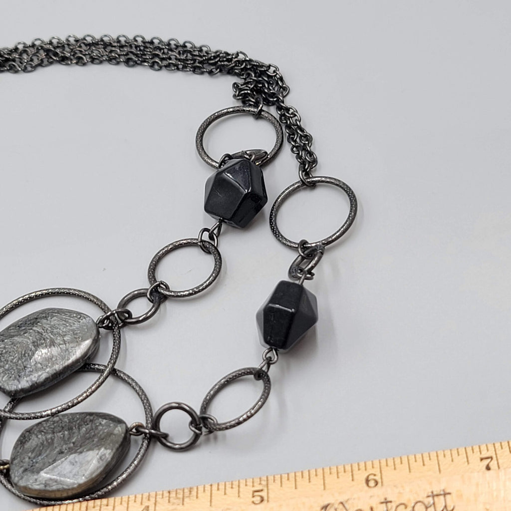 NY Necklace Black Metal Red Gray Bead Statement Long 36"+