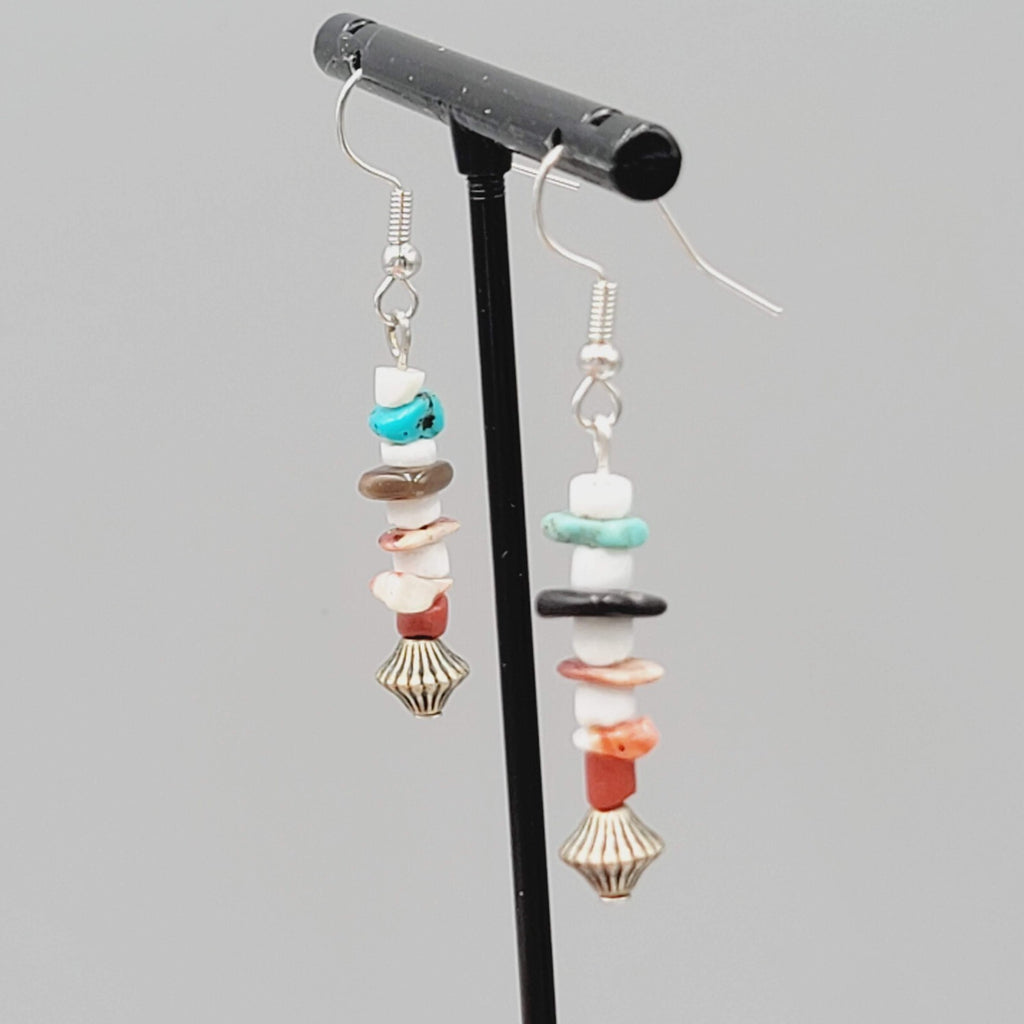Pierced Earrings Multi Stone Boho Dangle Silver tone 1.25"