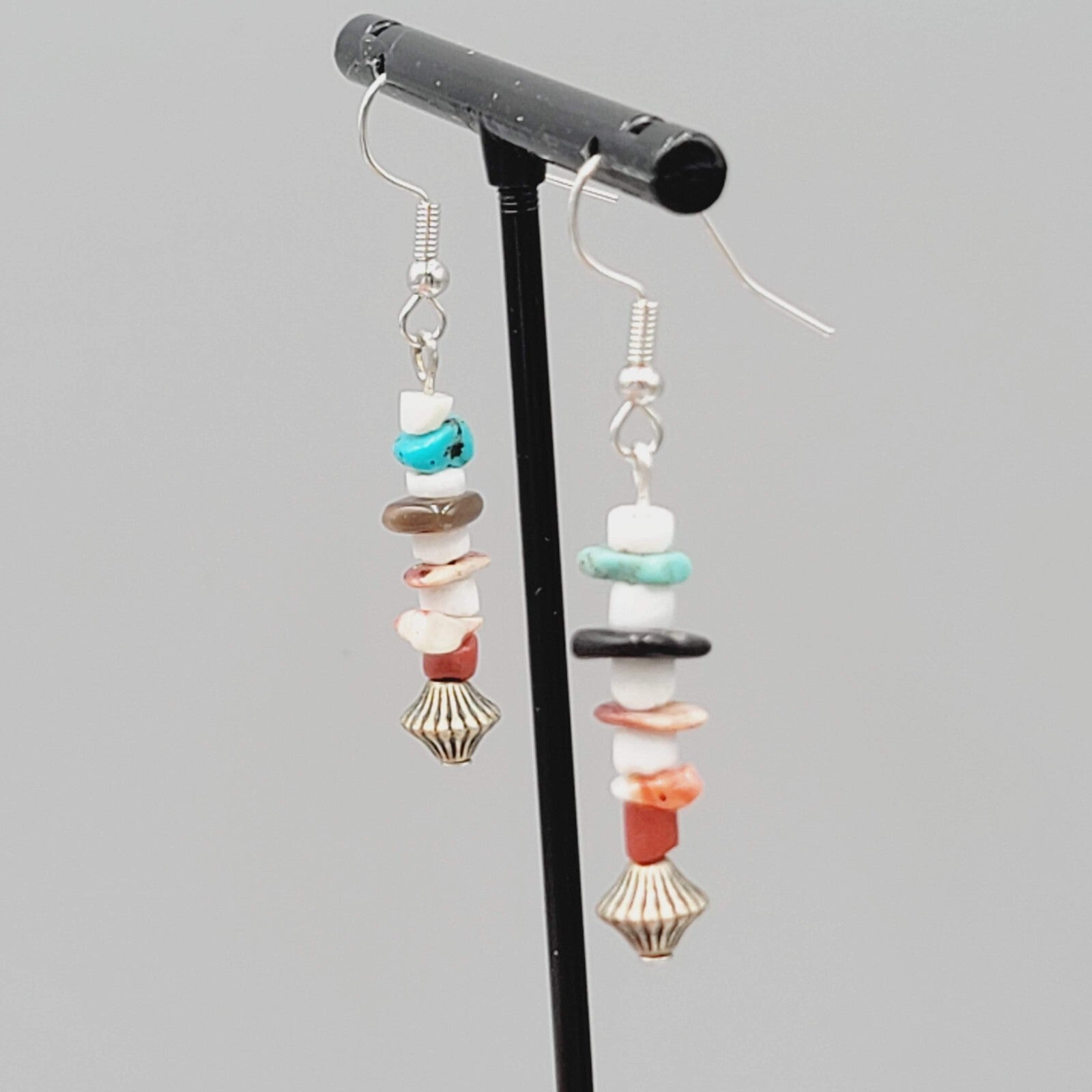 Pierced Earrings Multi Stone Boho Dangle Silver tone 1.25"