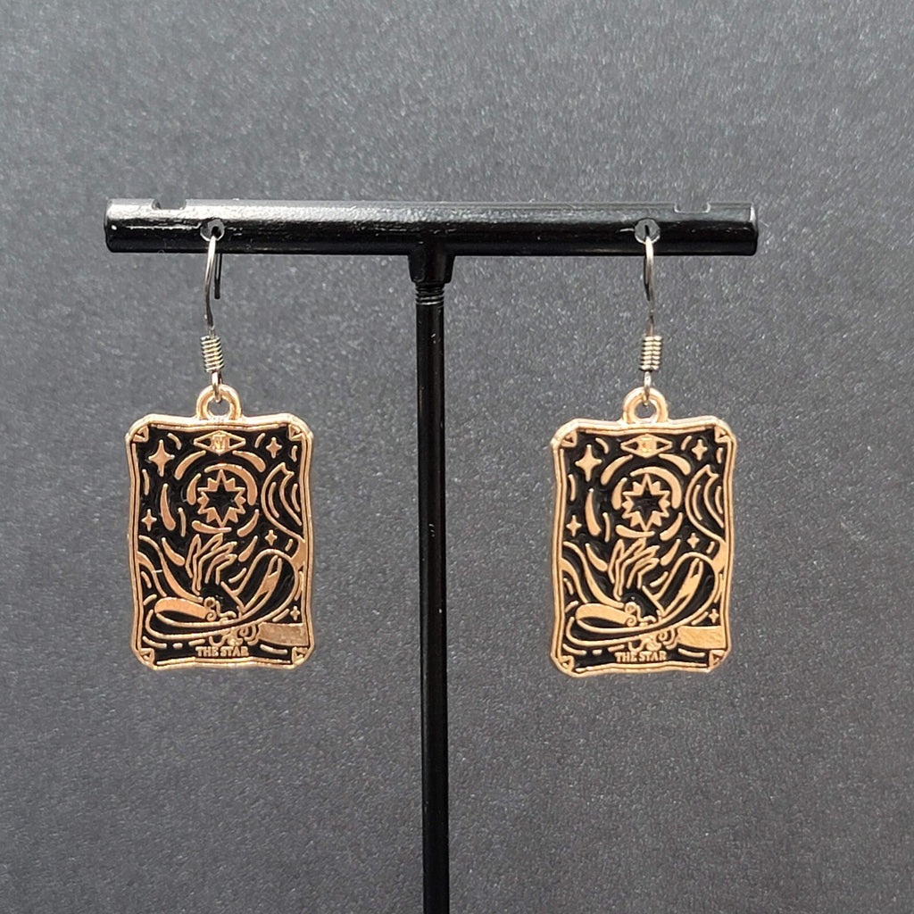 Tarot Card Pierced Earrings The STAR Gold tone Black 1"