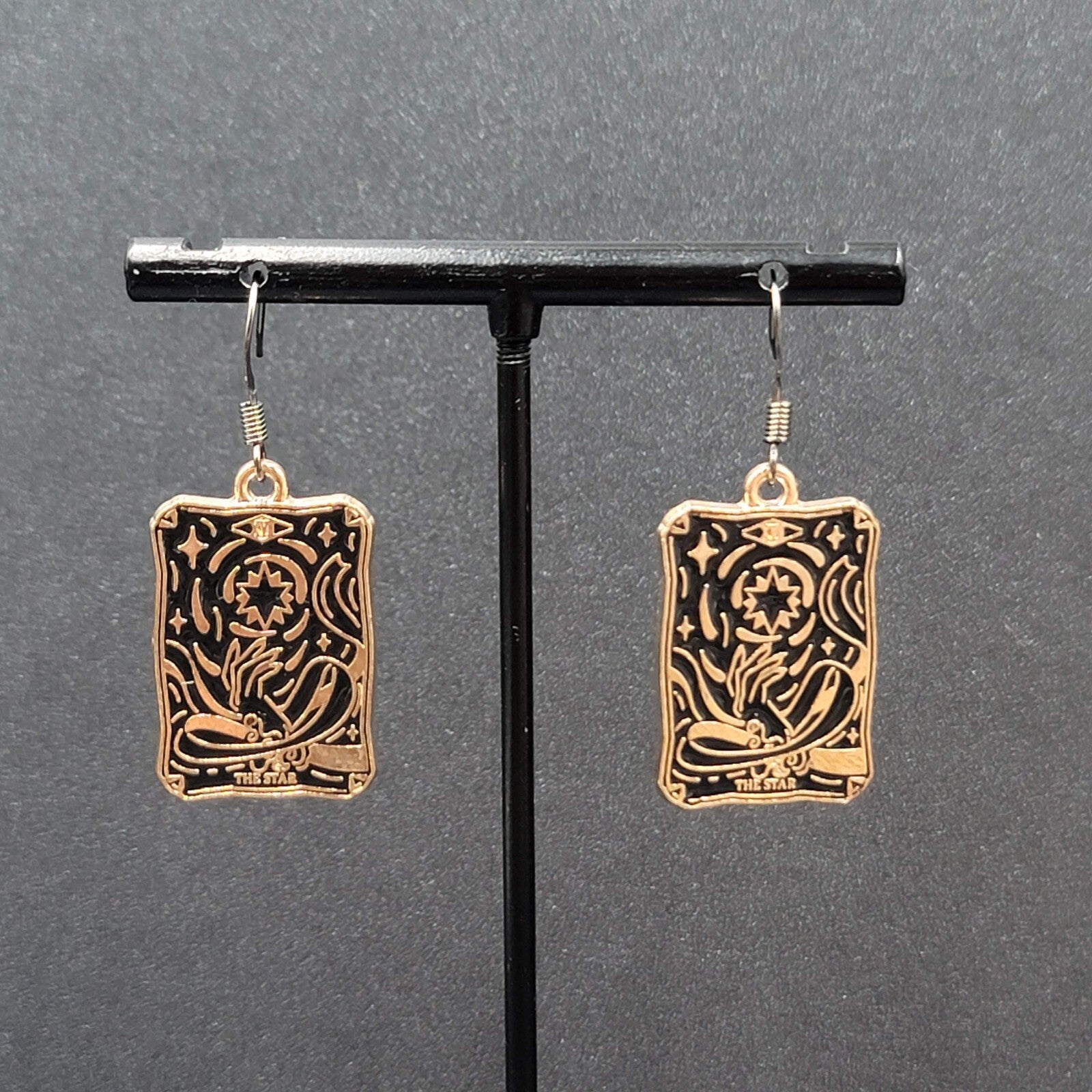 Tarot Card Pierced Earrings The STAR Gold tone Black 1"