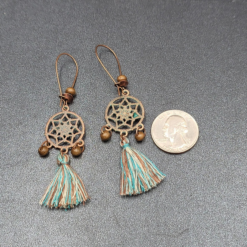 New Boho Pierced Earrings Copper tone Dreamcatcher Wood Bead Blue Tassel 2"