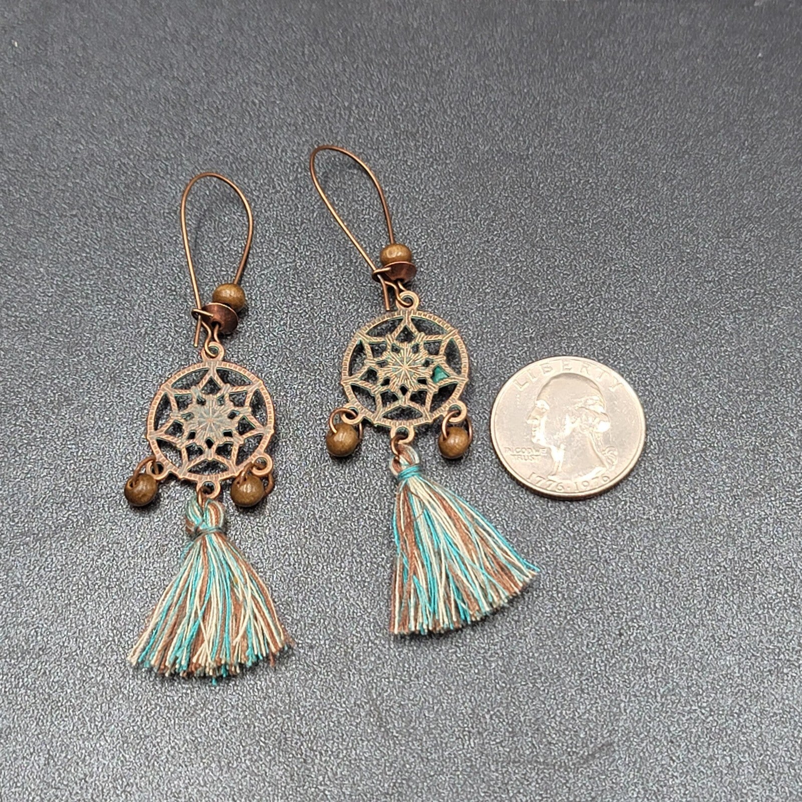 New Boho Pierced Earrings Copper tone Dreamcatcher Wood Bead Blue Tassel 2"