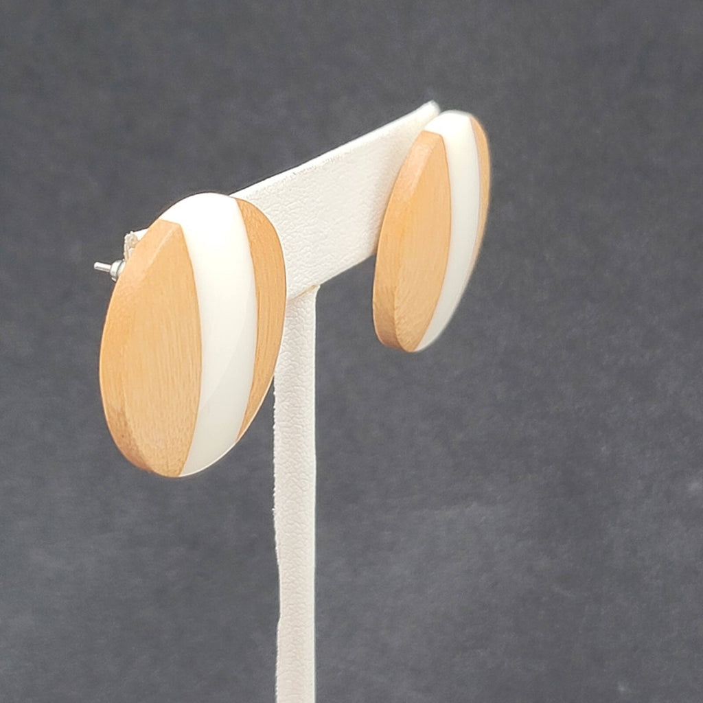Pierced Earrings Wood White Resin Stripe Round 1 1/8"