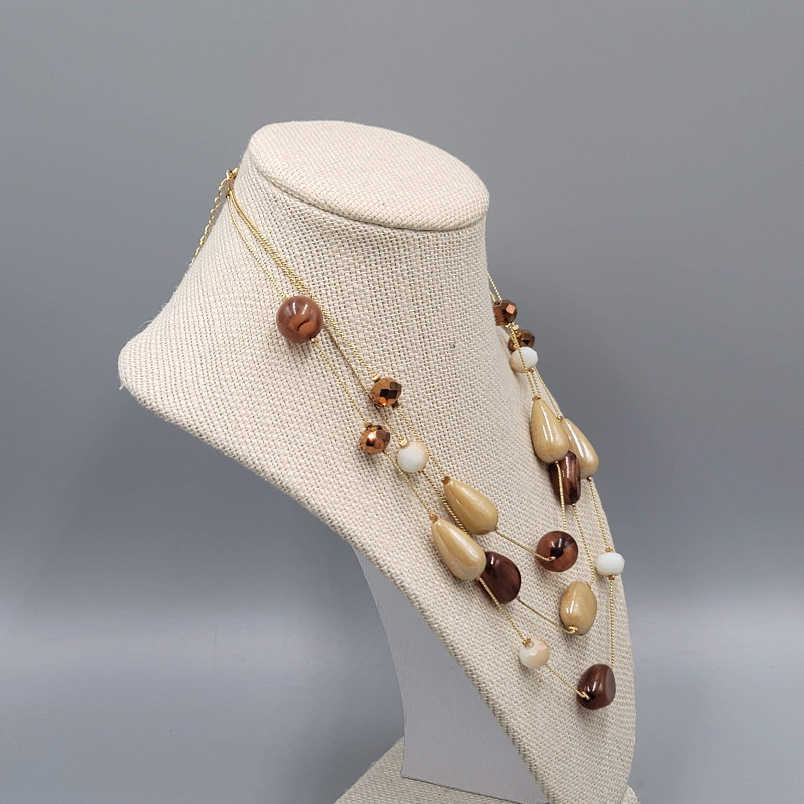 Brown Bead Station Necklace Gold tone Triple Layer 16"-18"