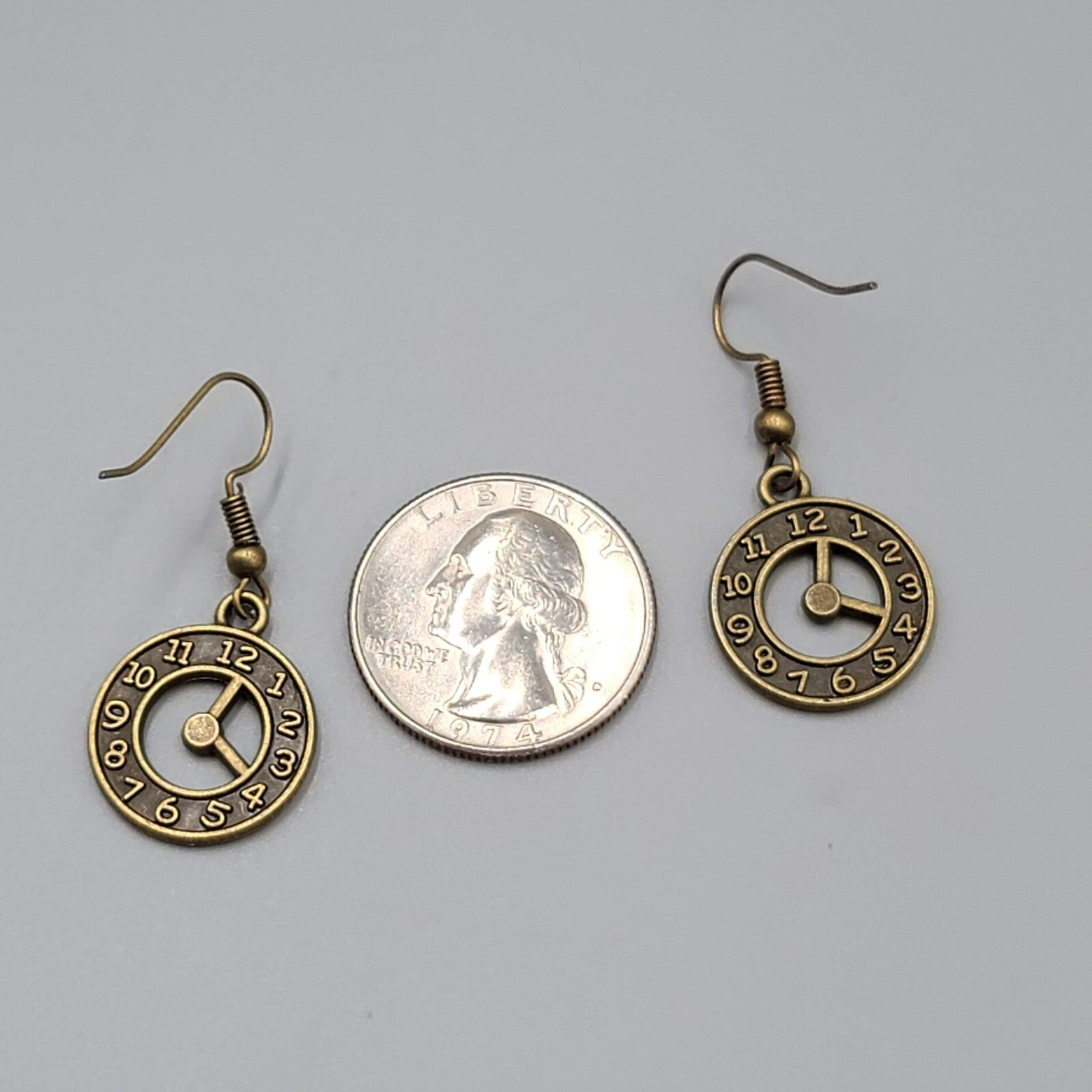 Clock Pierced Earrings Bronze tone Open Work Embossed Dangle New 7/8"