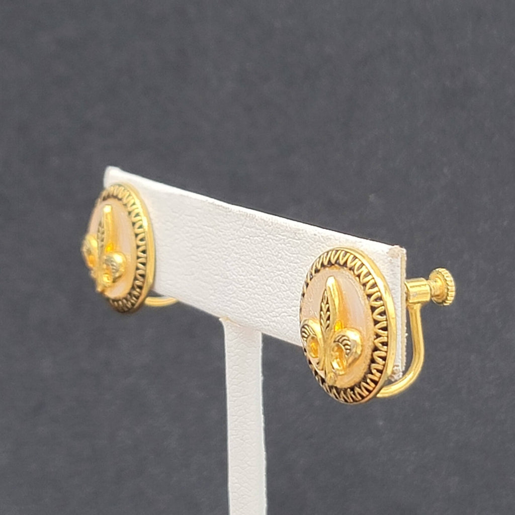 Vintage Clip on Earrings Gold tone Fleur Di Lis Mother of Pearl 5/8" Screw Back