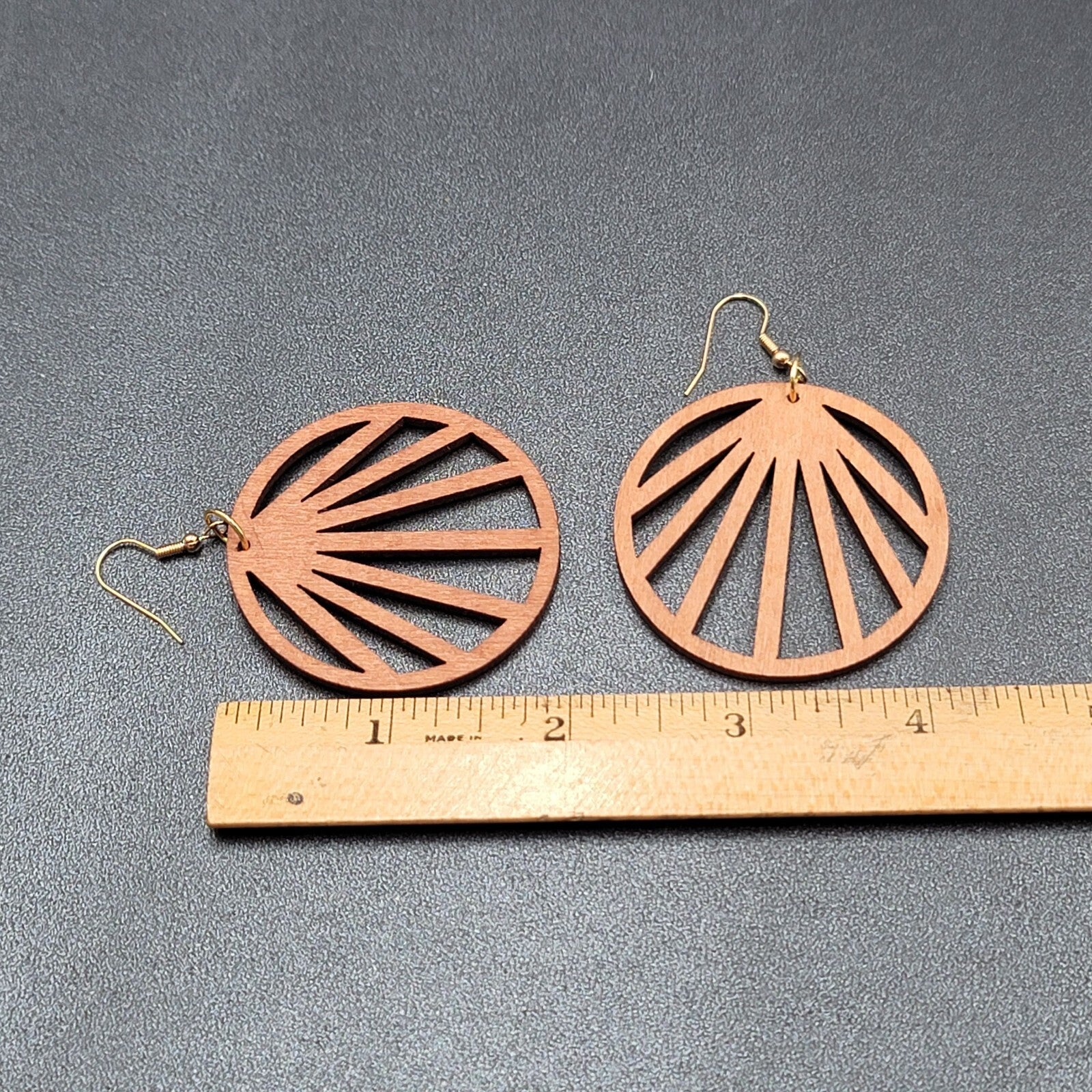 Pierced Earrings Laser Cut Boho Round Wood Dangle Gold tone 2"