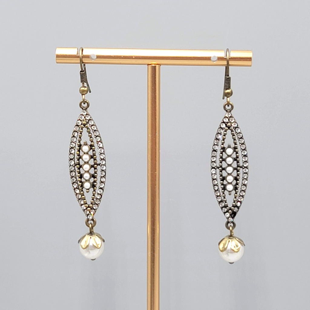 Faux Pearl Rhinestone Long Pierced Earrings Bronze tone Dangle 2 in