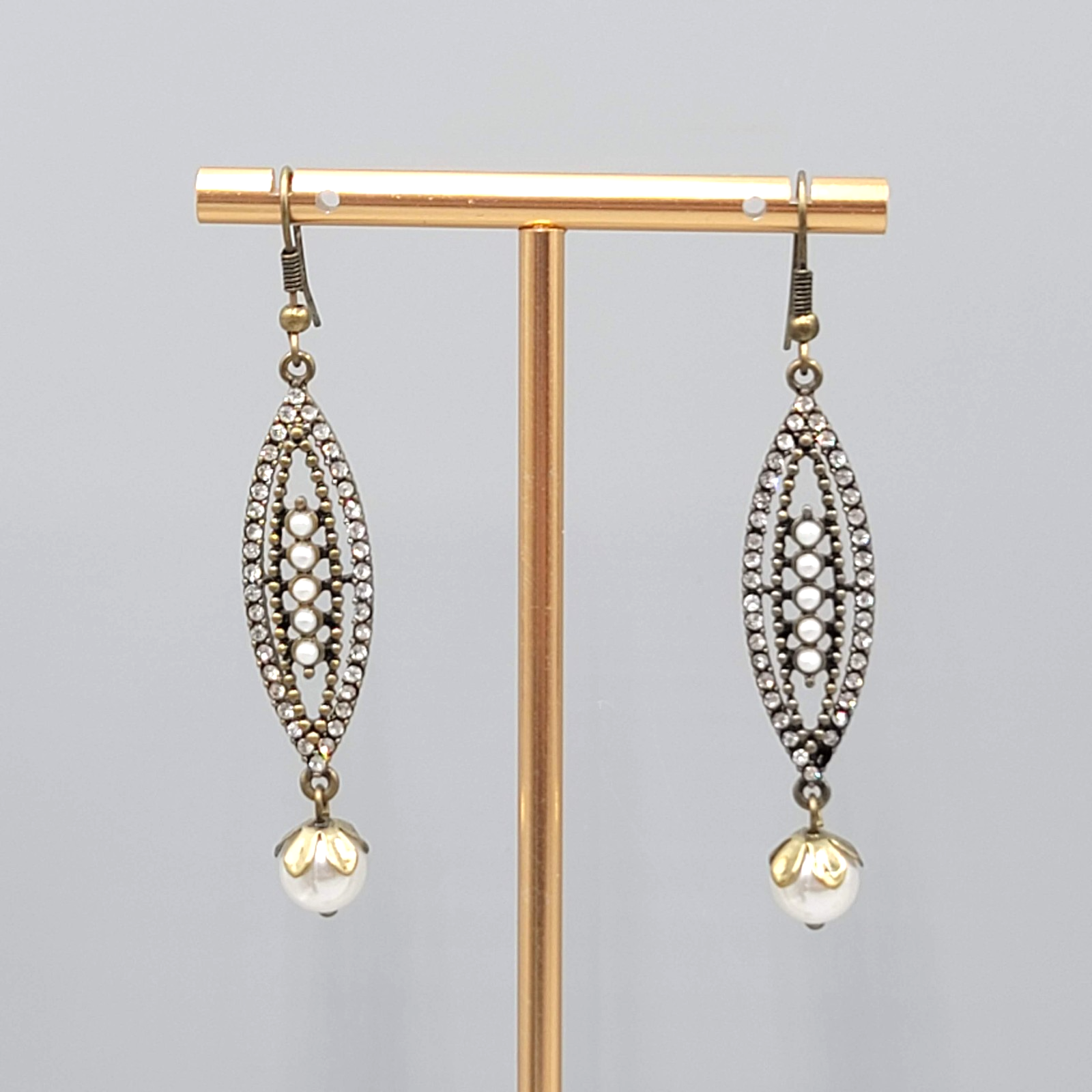 Faux Pearl Rhinestone Long Pierced Earrings Bronze tone Dangle 2 in