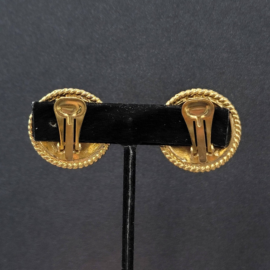 Vintage Clip on Earrings Gold Plated White Enamel Seagull Nautical Round 1 1/8"