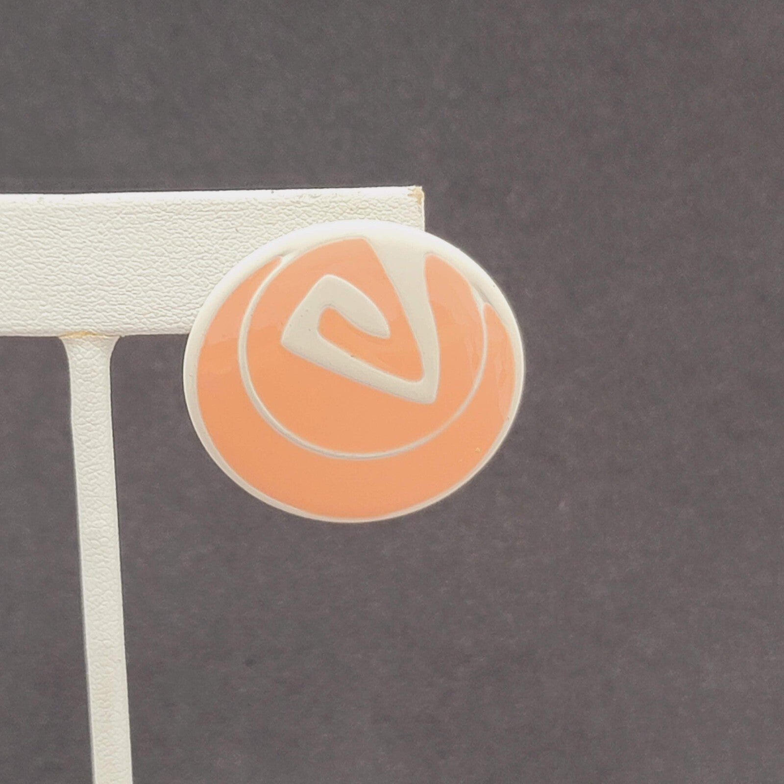 Vintage Pierced Earrings Peach White Enamel over Metal Round Drop 1.25"