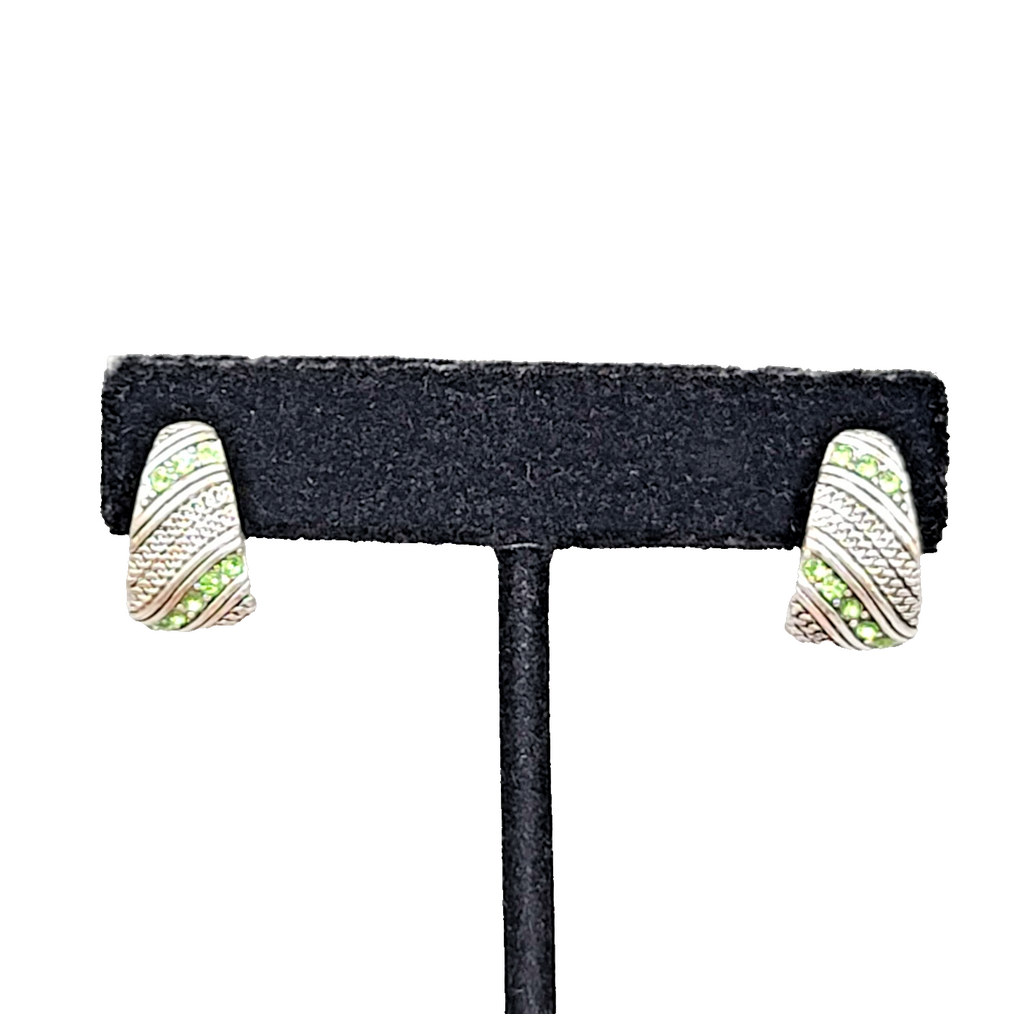 Green Crystal Pierced Earrings Silver tone Drop 5/8 in