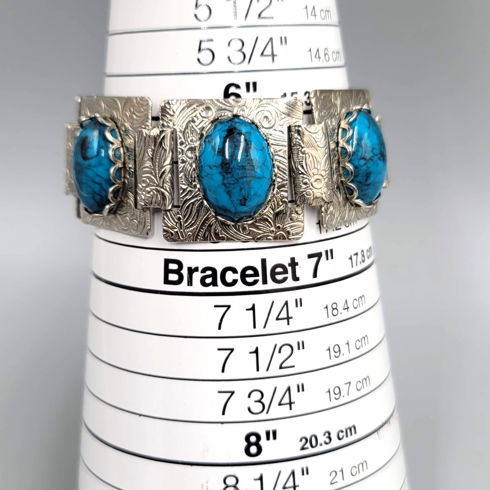 Vintage Panel Bracelet Silver tone Blue Black Cabochon 6.5 in