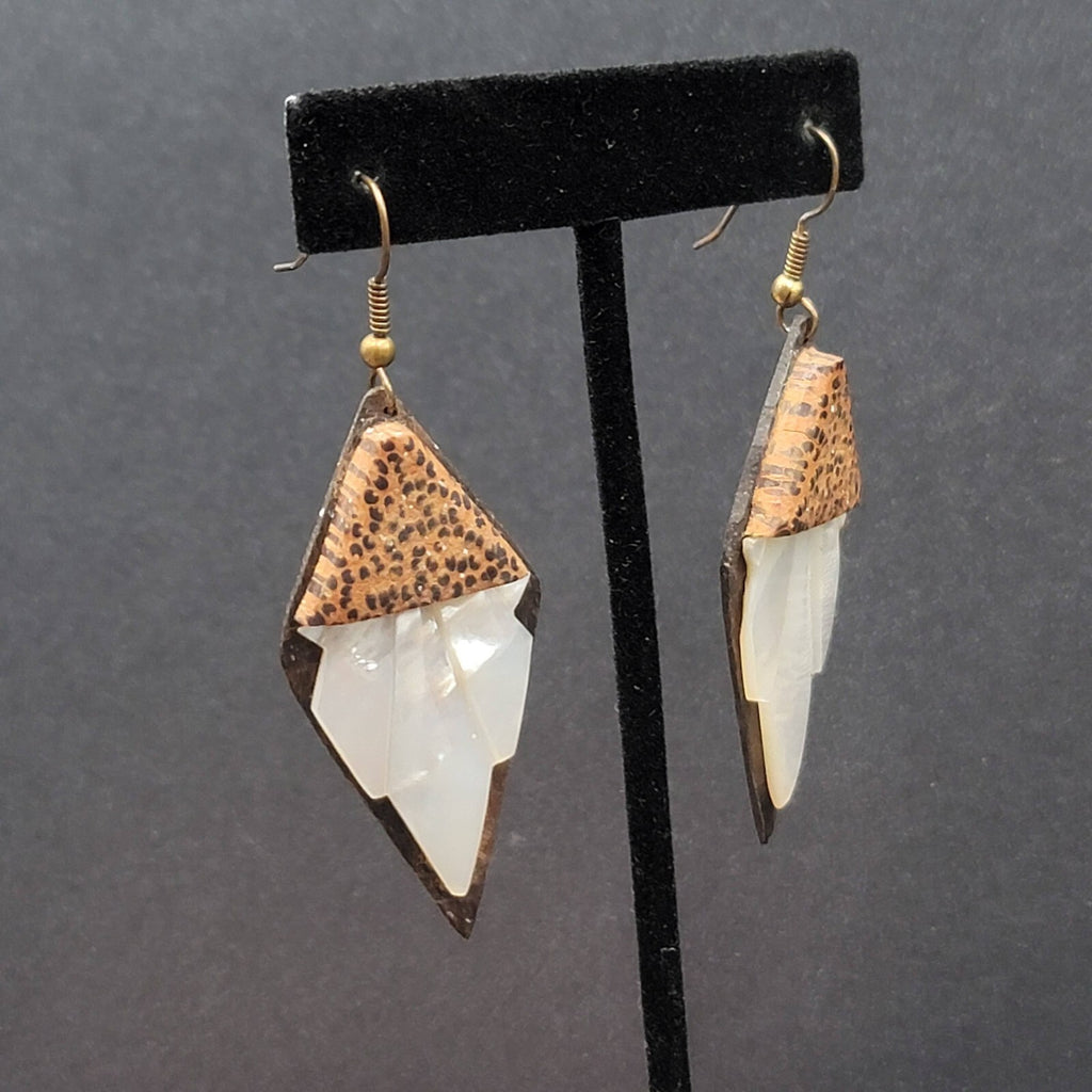Vintage Pierced Earrings Wood Mother of Pearl Unique Hand Carved Dangle 2 1/8"
