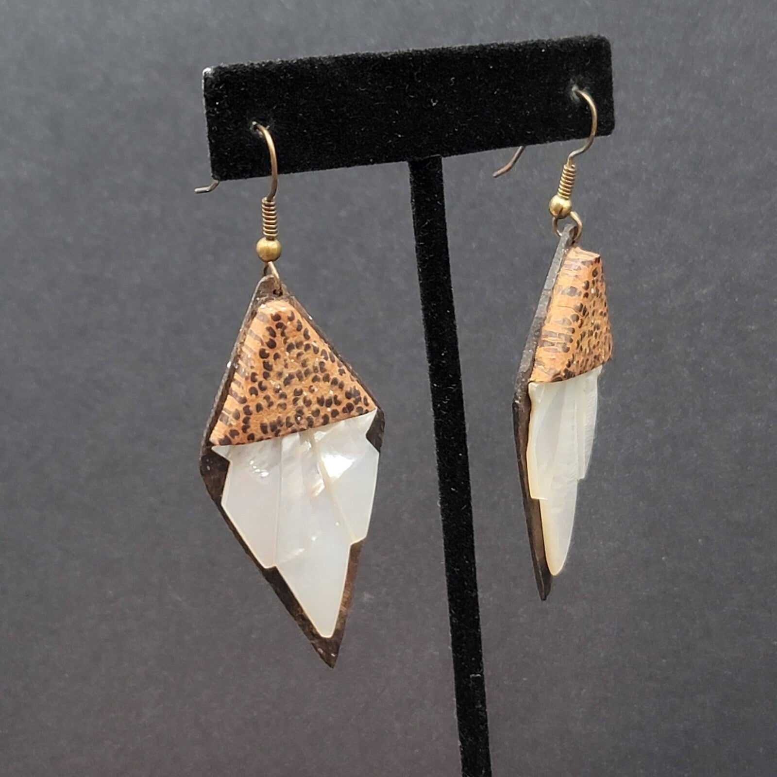 Vintage Pierced Earrings Wood Mother of Pearl Unique Hand Carved Dangle 2 1/8"