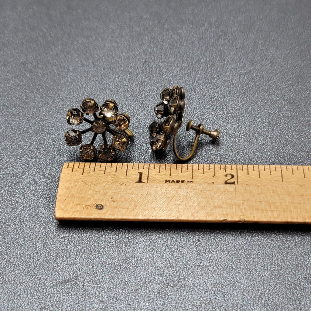 Vintage Clip on Earrings Screw Back Gray Rhinestones 3/4"