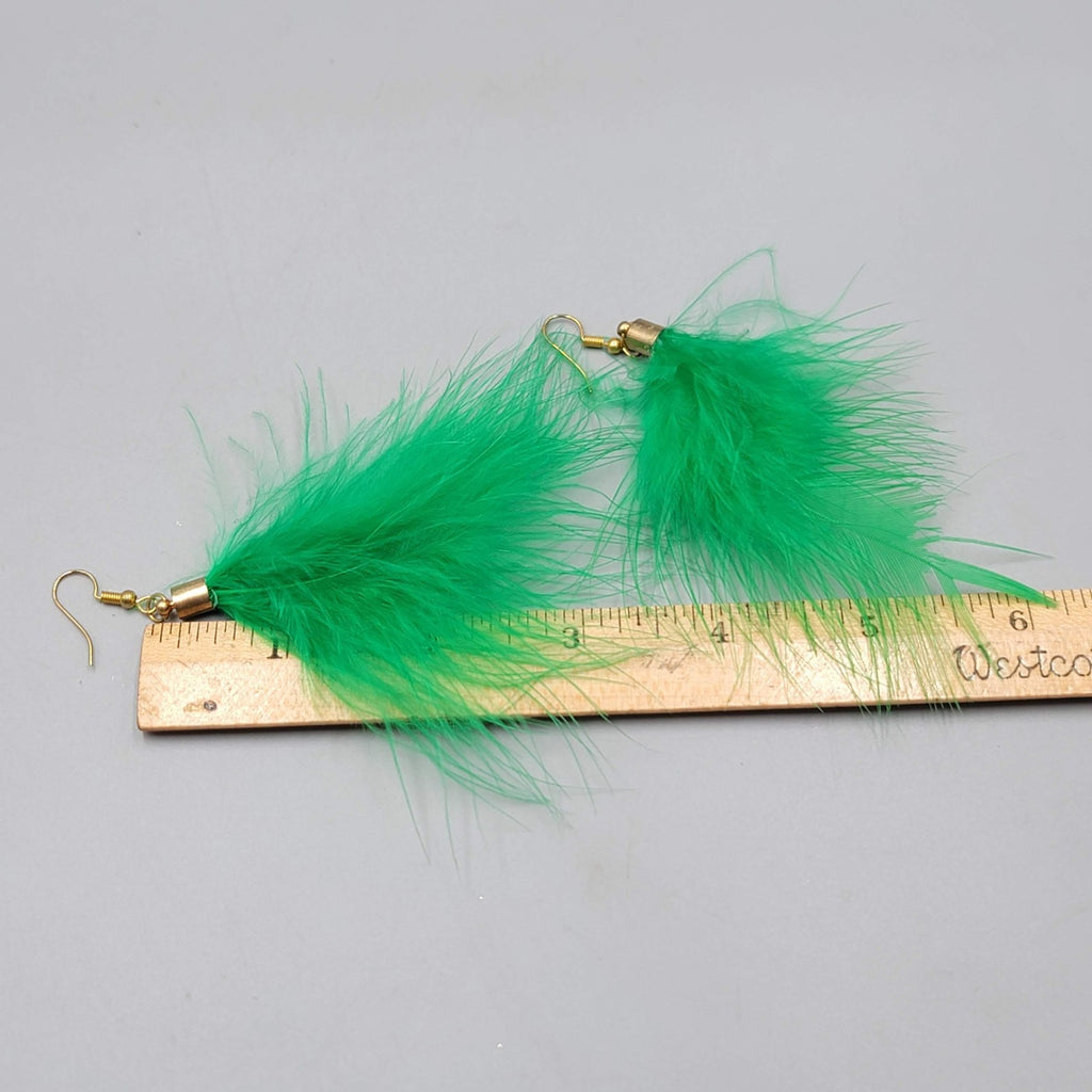 Real Bright Green Feather Pierced Earrings Large Statement Dangle 3.5 in