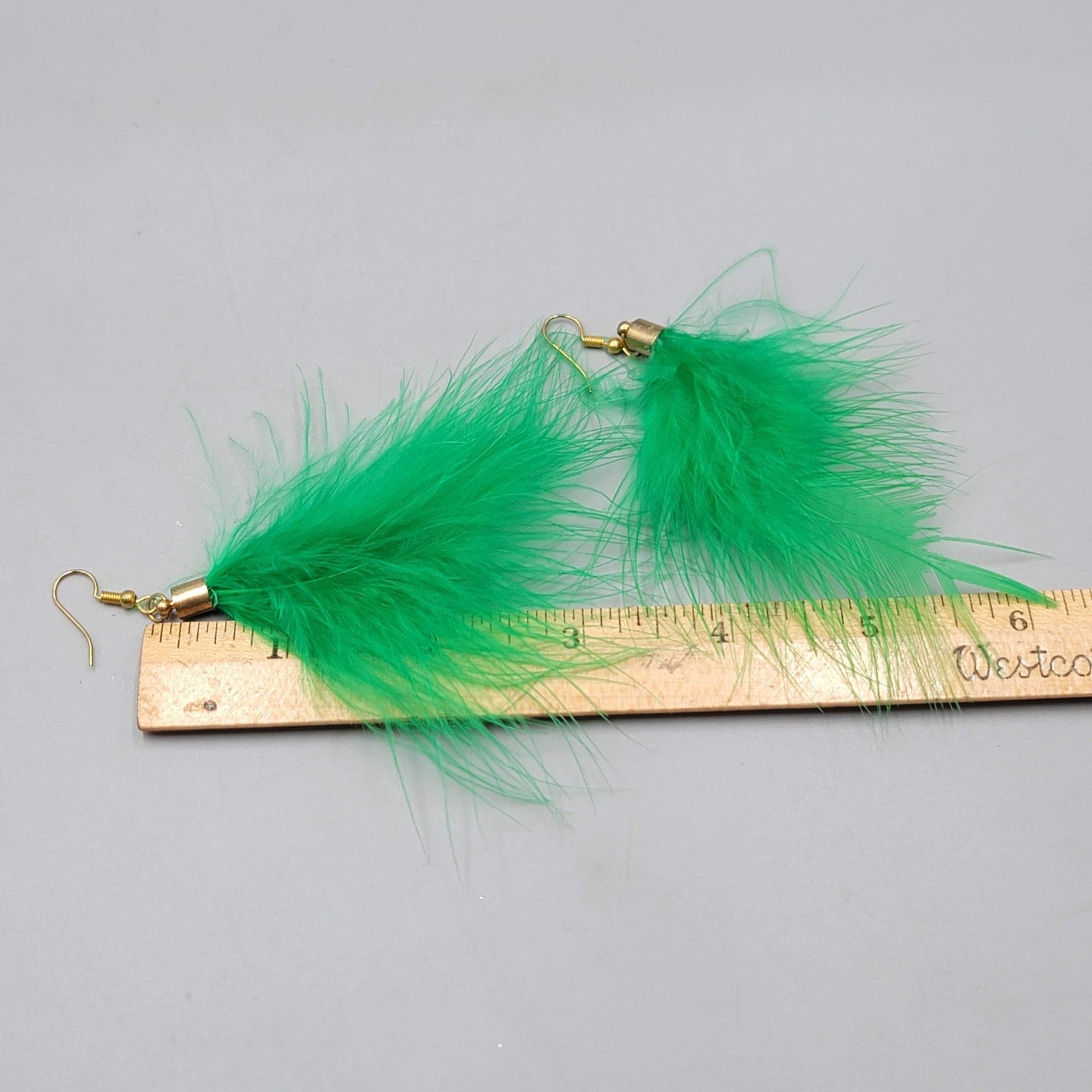 Real Bright Green Feather Pierced Earrings Large Statement Dangle 3.5 in