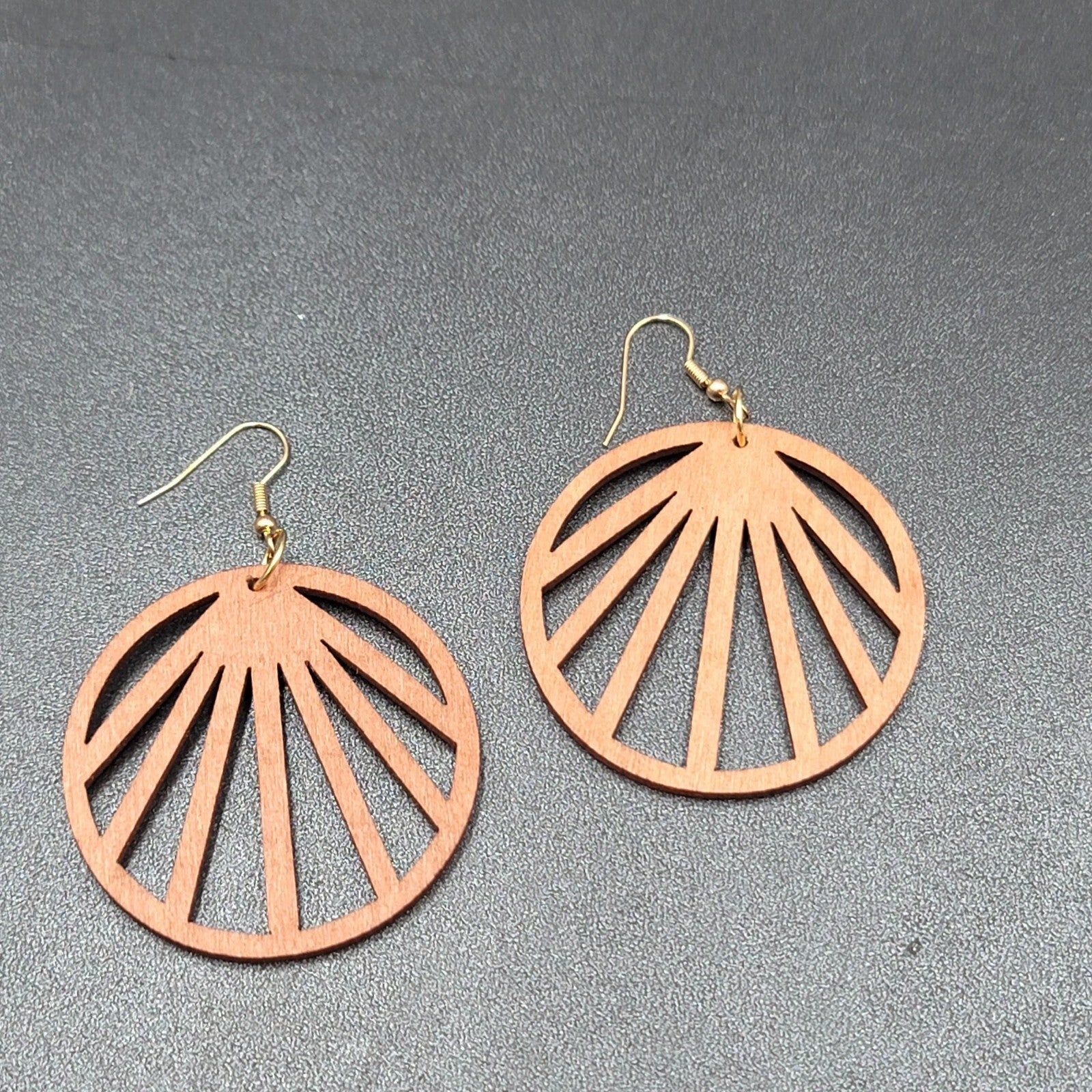 Pierced Earrings Laser Cut Boho Round Wood Dangle Gold tone 2"