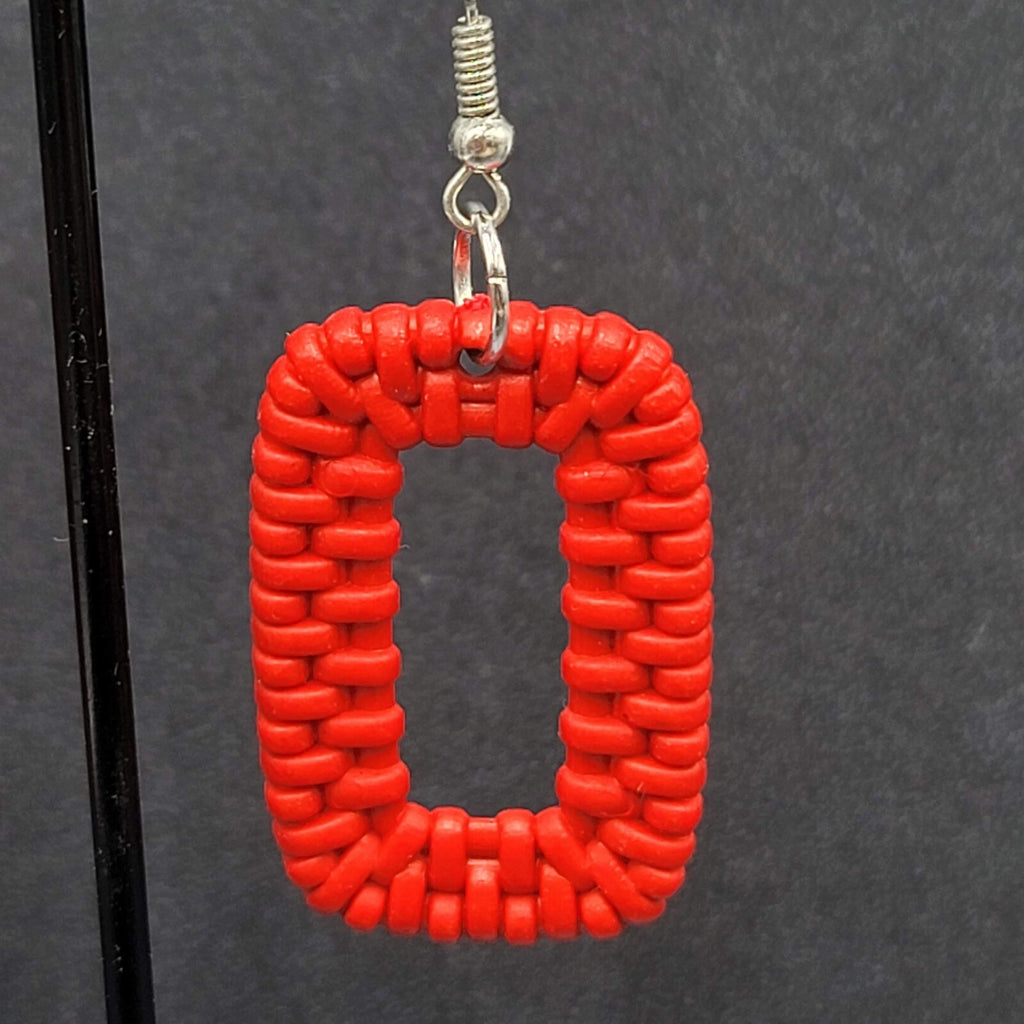 Pierced Earrings Red Acrylic Rectangle Weave Design Dangle 1.5"