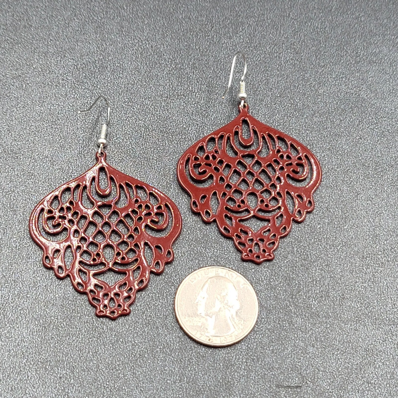 Pierced Earrings Burgandy Red Enamel over Metal Open work 2"