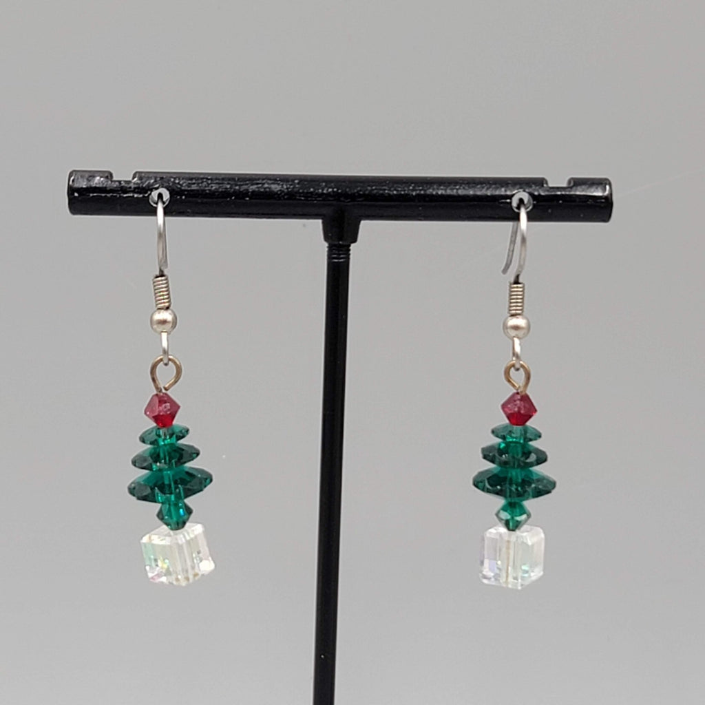 Crystal Stacked Bead Christmas Tree Pierced Earrings Silver tone Dangle 1 in