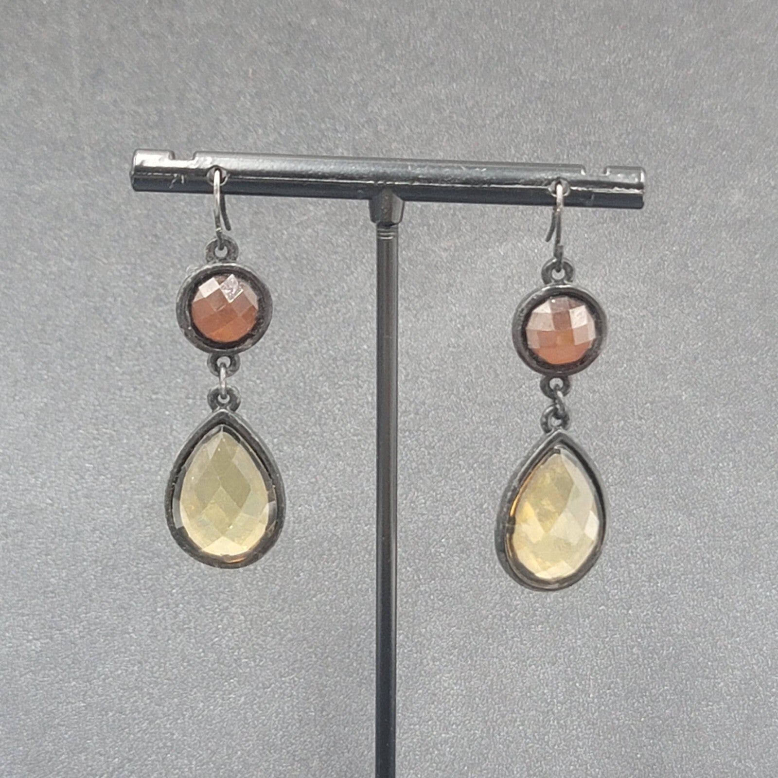Pierced Earrings Black Metal Orange Yellow Acrylic Dangle 1.5"