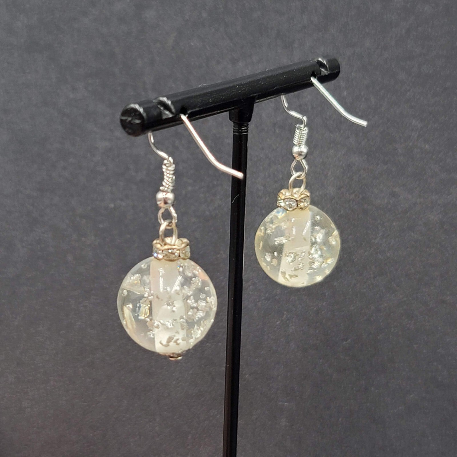 Pierced Earrings Silver tone Acrylic Clear Silver Glitter Bead 3/4"