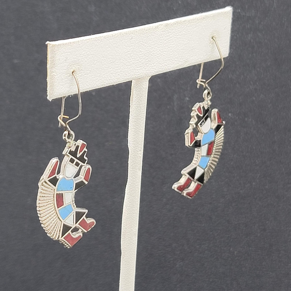 Pierced Earrings  Silver tone Southwestern Dancing Kachina Enamel 1.25"