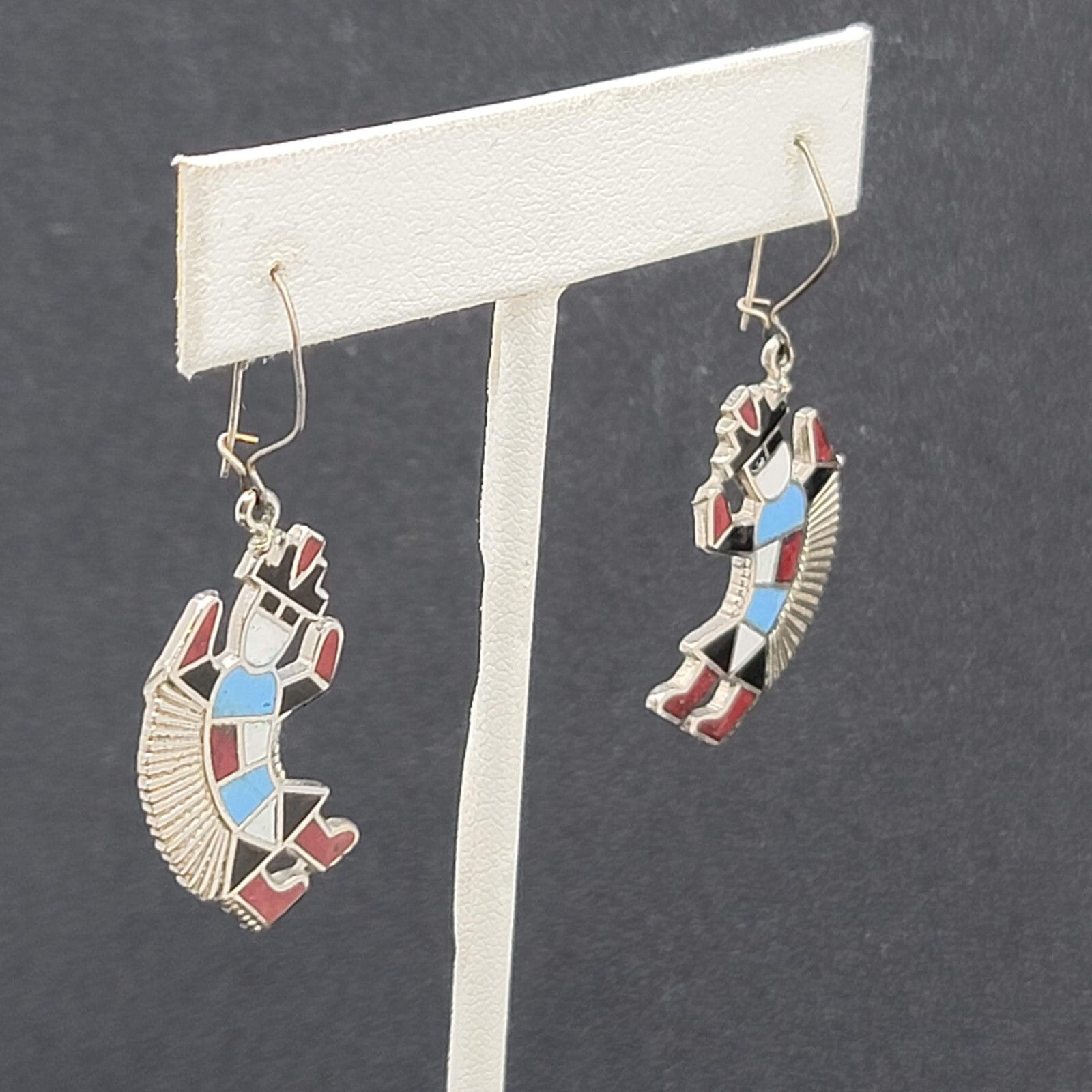 Pierced Earrings  Silver tone Southwestern Dancing Kachina Enamel 1.25"