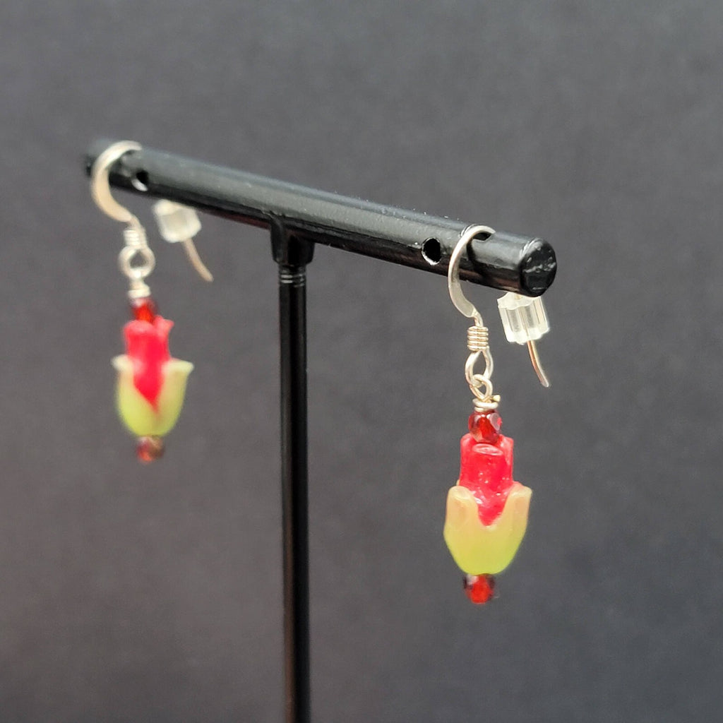Sterling Silver Pierced Earrings Red Green Glass Tulip Flower Dangle 3/4" 925