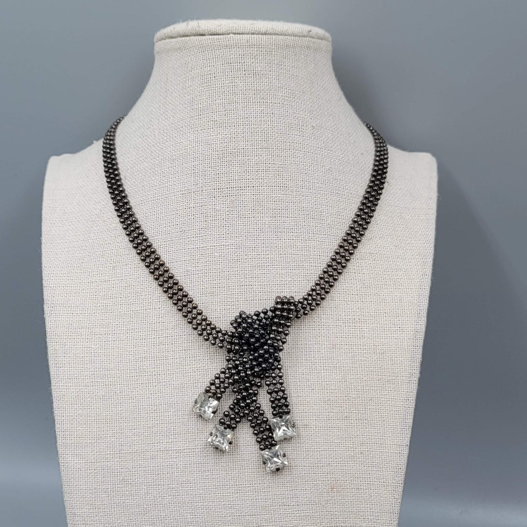 FALLON Designer Statement Necklace Black Bead Chain Square Rhinestone 15"