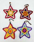 Crochet Knit Star Ornaments Lot of 4 Multi color Felt Back Leather hanger 4 in