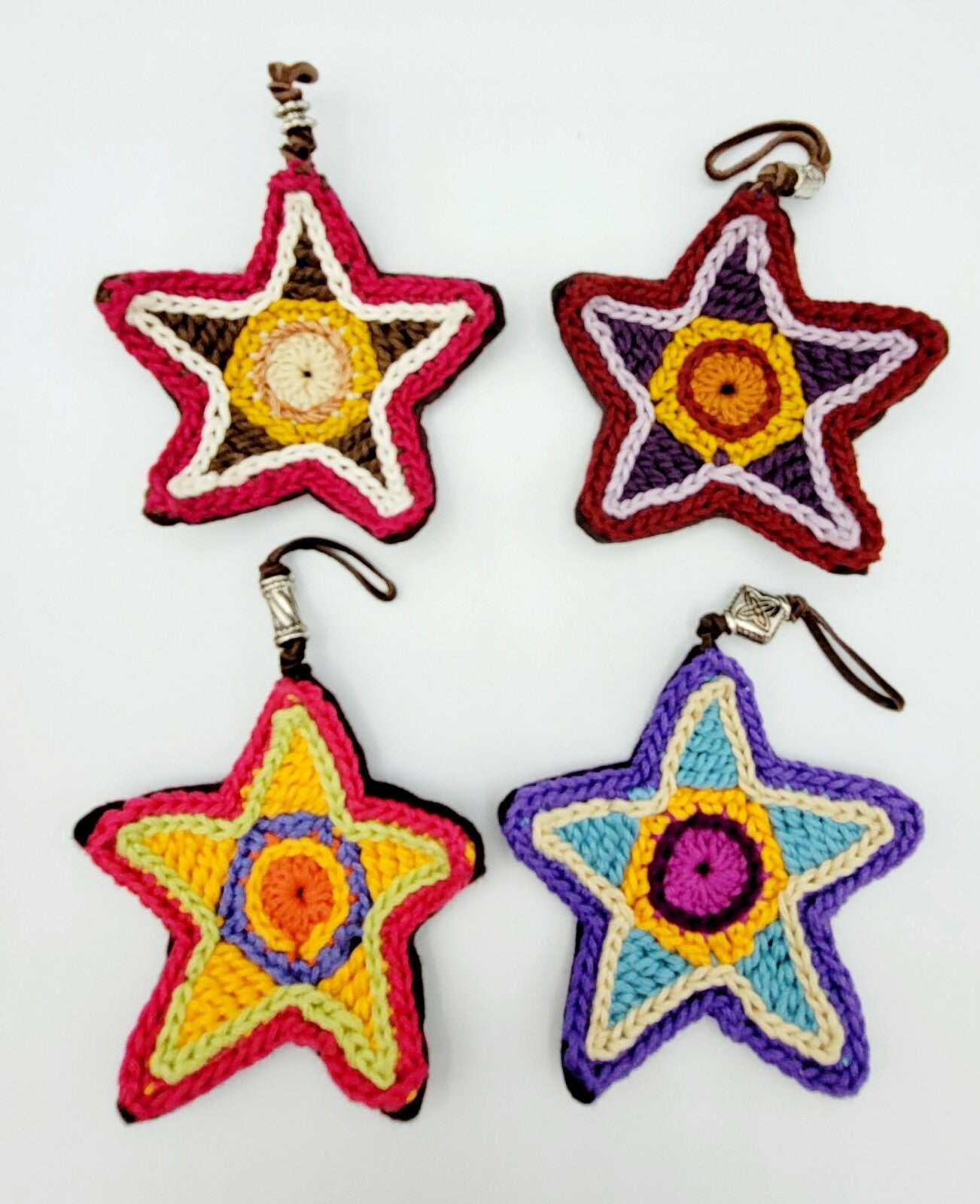 Crochet Knit Star Ornaments Lot of 4 Multi color Felt Back Leather hanger 4 in